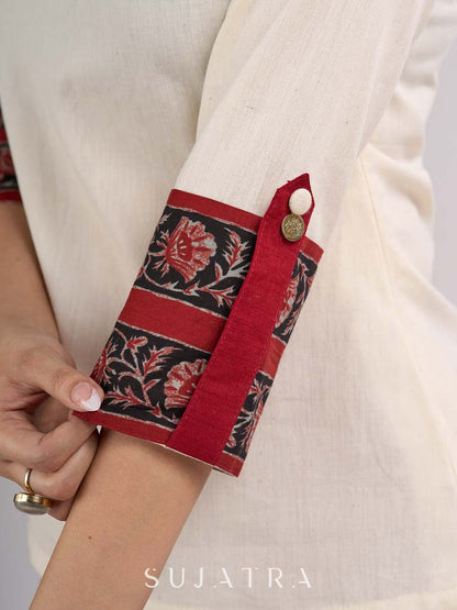 Off White Cotton Flex Top with Statement Floral Printed Collar & Cuff Highlighted with Handcrafted Kantha