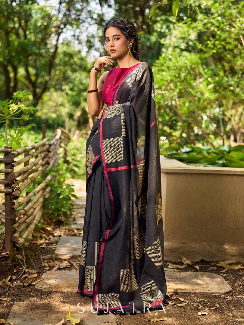 Timeless Black Cotton Saree with Classic Hand Block Print and Contrasting Border Detailing
