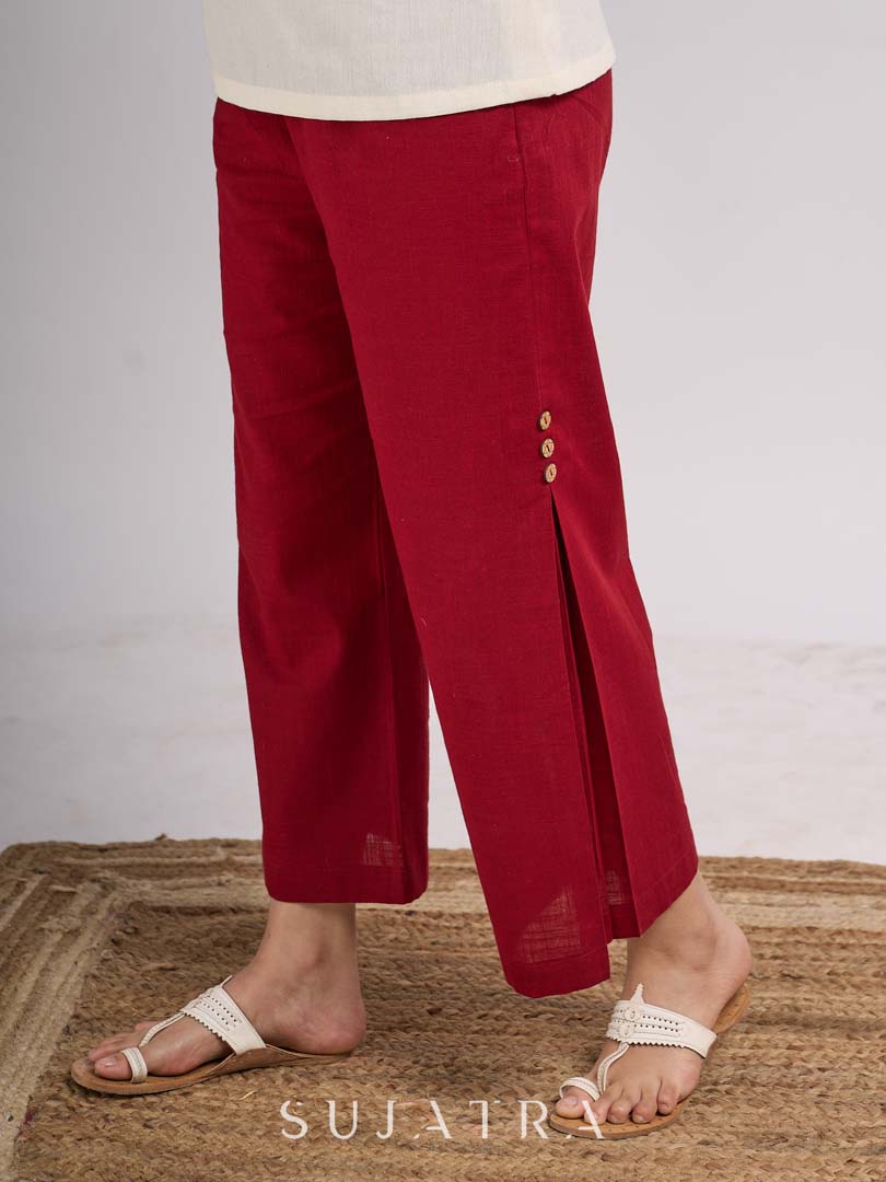 Maroon Cotton Parallel Pants with Side Pleat and Button Detail
