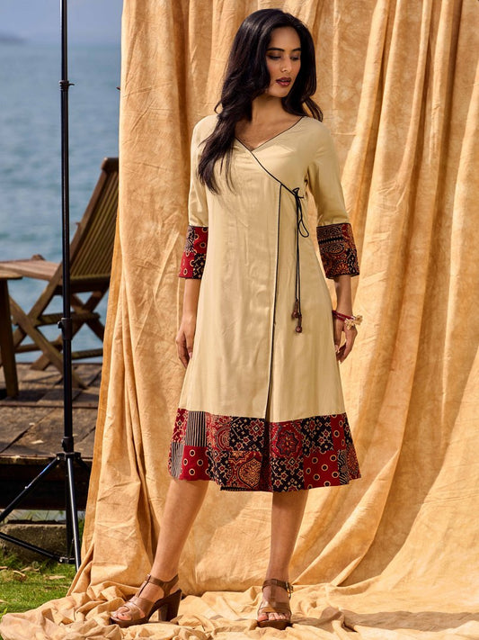 Sand Beige Tie-Up Wrap Rayon Dress With Ajrakh Patchwork Accents