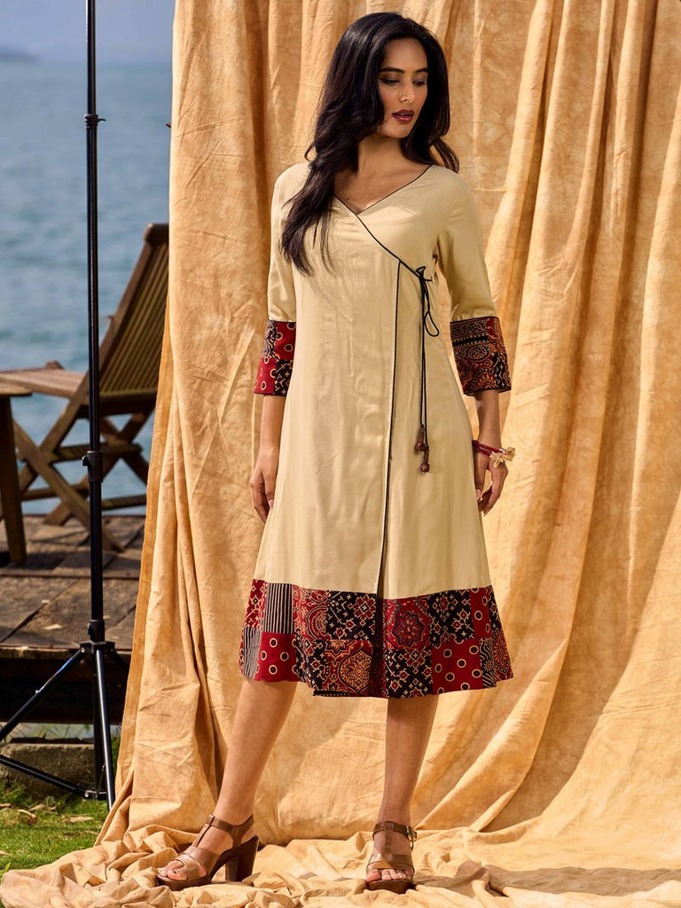 Sand Beige Tie-Up Wrap Rayon Dress With Ajrakh Patchwork Accents