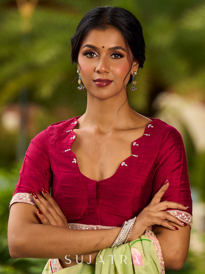 Classic Magenta Cotton Silk Blouse with Scalloped Neckline with Minimal Detailing