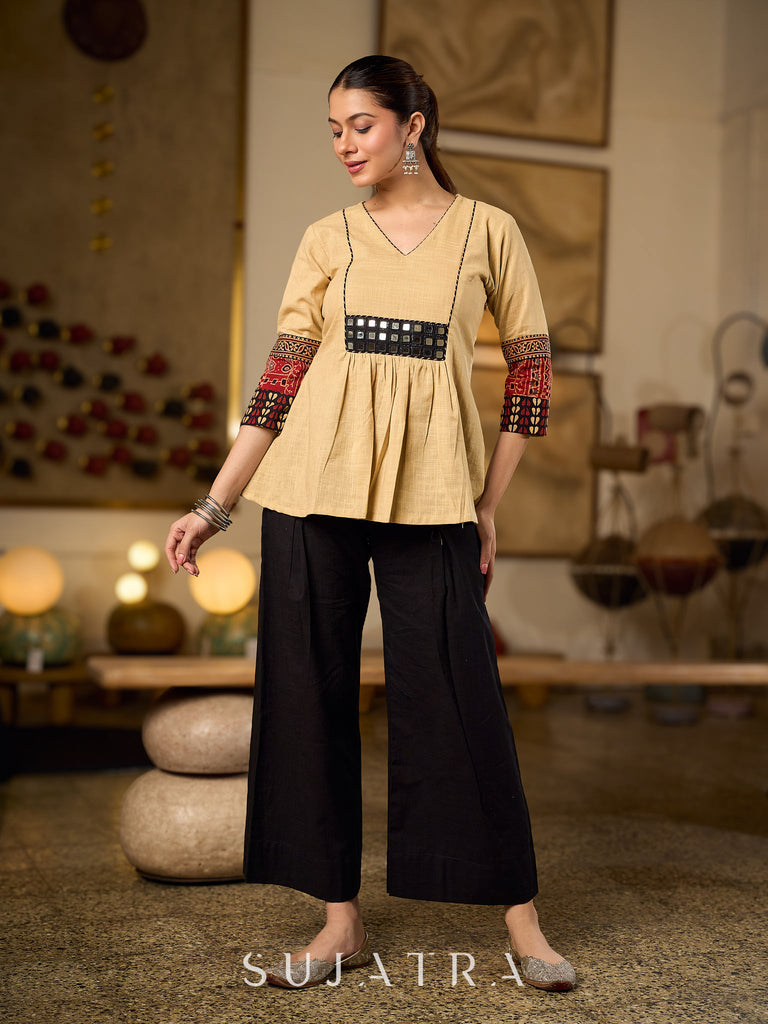 Chic Beige Cotton Top Enhanced With Ajrakh Print Sleeves & Embellished Kutch Mirror Work Yoke