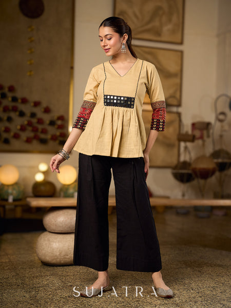 Chic Beige Cotton Top Enhanced With Ajrakh Print Sleeves & Embellished Kutch Mirror Work Yoke