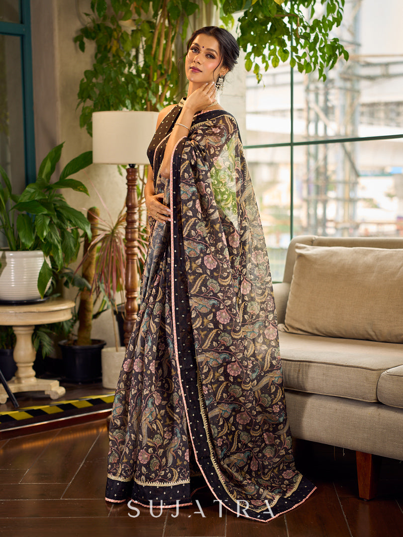 Mystic Black Kalamkari Print Chanderi Saree with Dotted Border & Pink Hem
