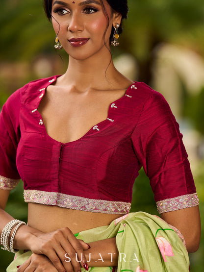 Classic Pista Green Chanderi Saree with Hand-Painted Pichwai Motifs & Contrast Magenta Accent