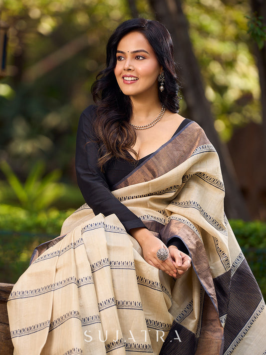 Classic Ivory and Brown Pure Tussar Silk  Block Printed Saree Accented with Subtle Stripes and Handcrafted Detailing