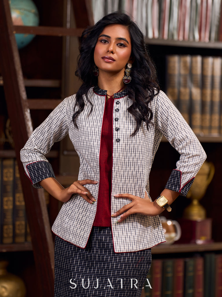 Timeless White Woven Ikat Cotton Jacket With Black Ikat Collar, Cuffs, And Maroon Highlights