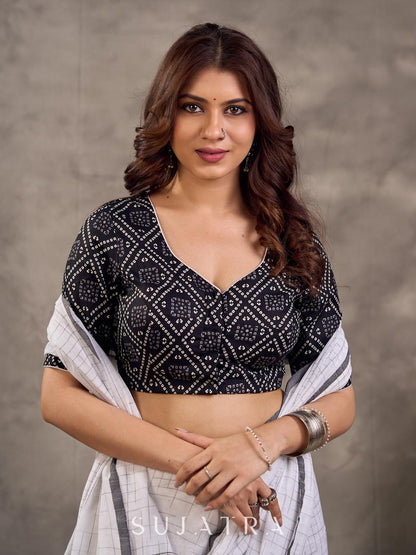 Black Bandhani Print Viscose Blouse with Deep V Neckline