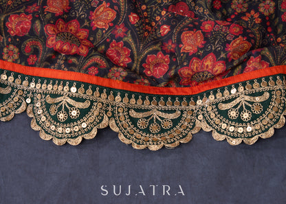 Beautiful Orange Printed Lehenga & Blouse With Mirror Work & Contrast Dupatta.