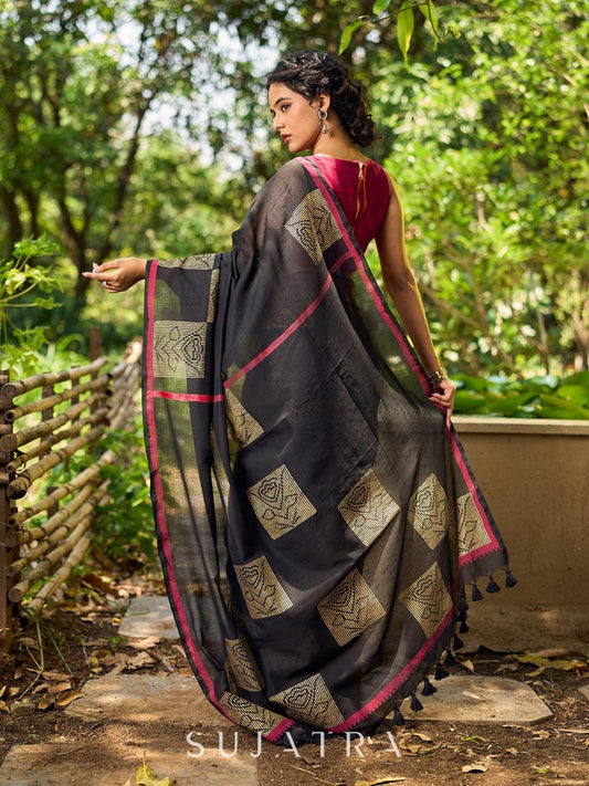 Timeless Black Cotton Saree with Classic Hand Block Print and Contrasting Border Detailing