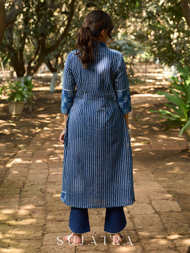 Indigo Stripe Handblock Cotton Kurta with Geometric Patchwork, V Neckline & Joint Lace Detailing