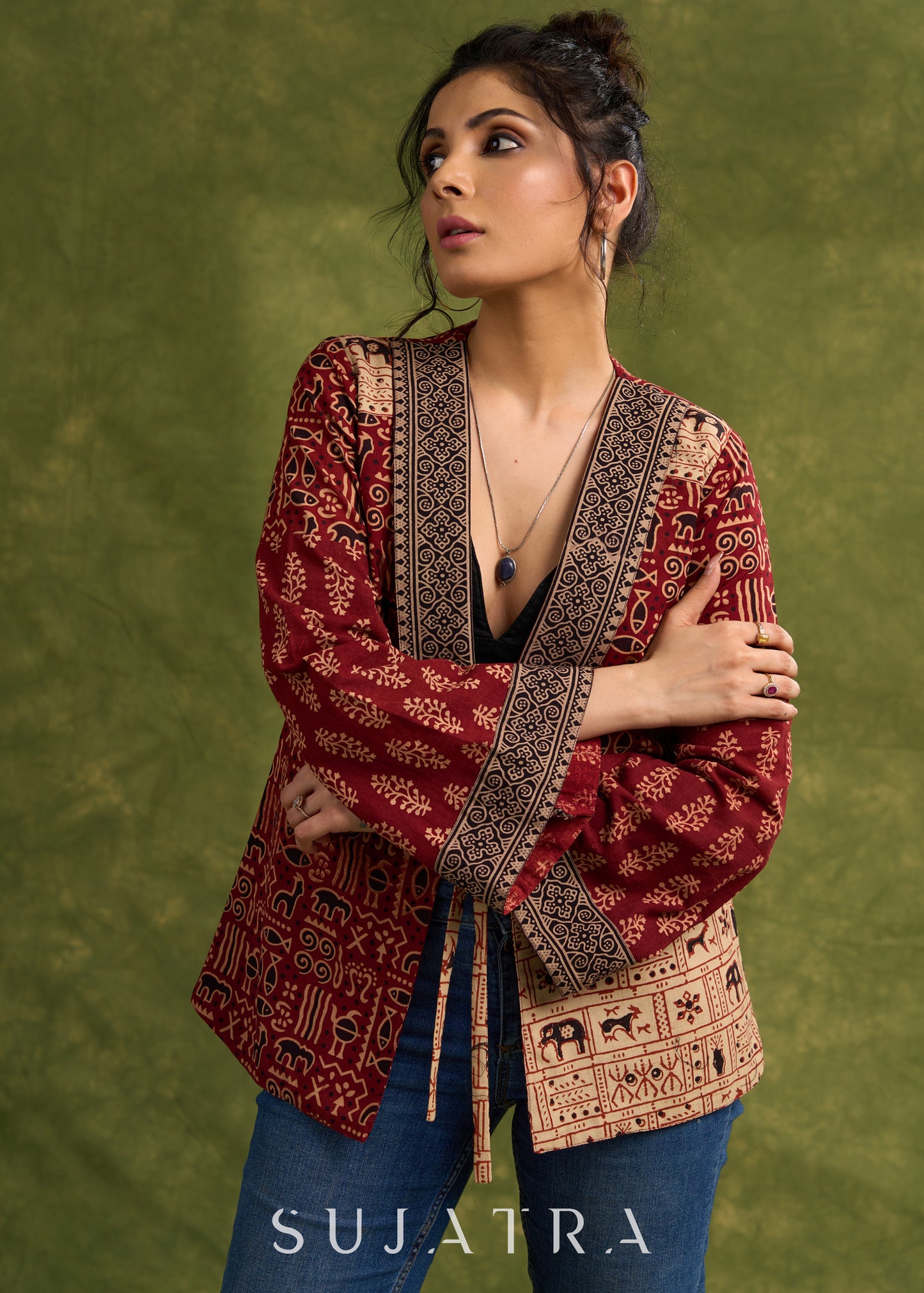 Bohemian Masterpiece : Maroon Ajrakh Patchwork Jacket With Dramatic Bell Sleeves