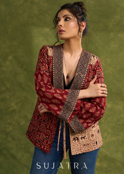 Bohemian Masterpiece : Maroon Ajrakh Patchwork Jacket With Dramatic Bell Sleeves