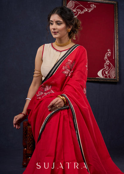 Red Bengal Cotton Saree with Intricate Hand-painted saree with stone embellishments