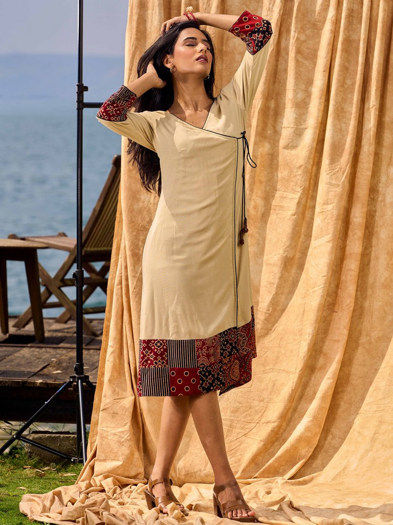 Sand Beige Tie-Up Wrap Rayon Dress With Ajrakh Patchwork Accents