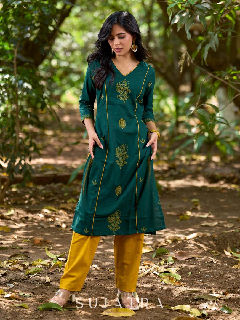 Elevated Bottle Green Cotton Kurta with Delicate Floral Hand Block Motif and Mustard Accents