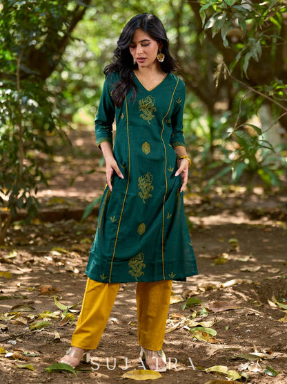 Elevated Bottle Green Cotton Kurta with Delicate Floral Hand Block Motif and Mustard Accents