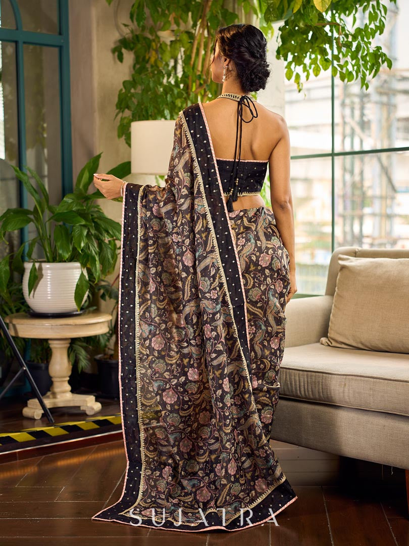 Mystic Black Kalamkari Print Chanderi Saree with Dotted Border & Pink Hem