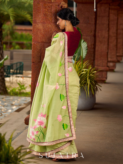 Classic Pista Green Chanderi Saree with Hand-Painted Pichwai Motifs & Contrast Magenta Accent
