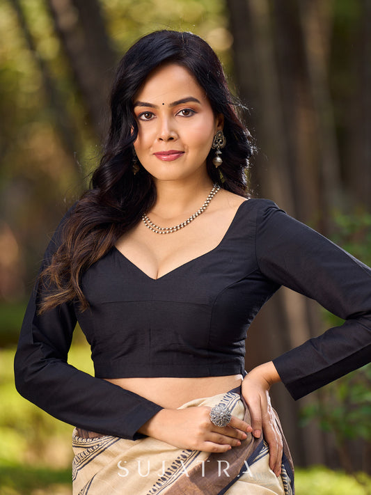 Classic Black Cotton Silk Full Sleeves Blouse