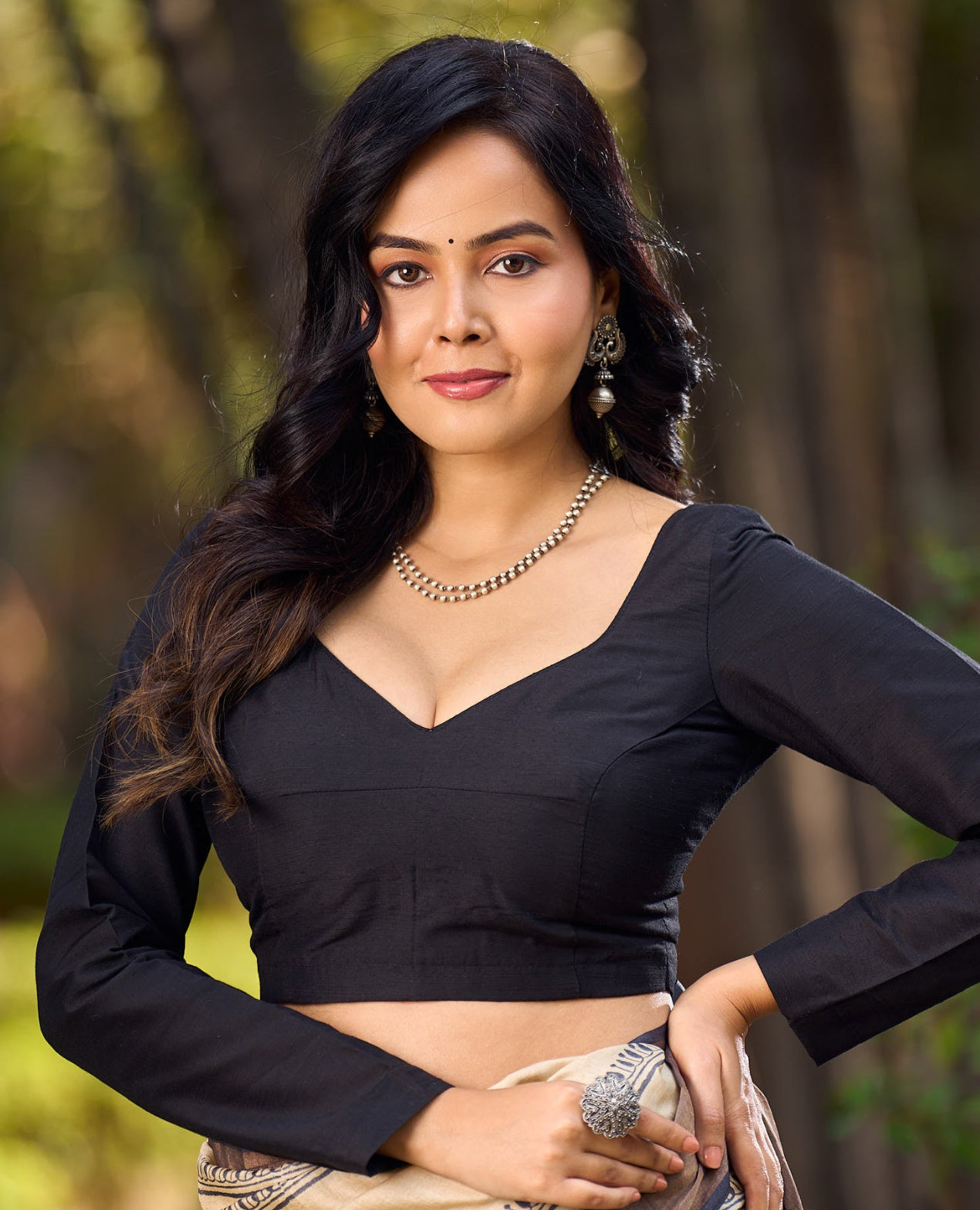 Classic Black Cotton Silk Full Sleeves Blouse with Sweetheart Neckline