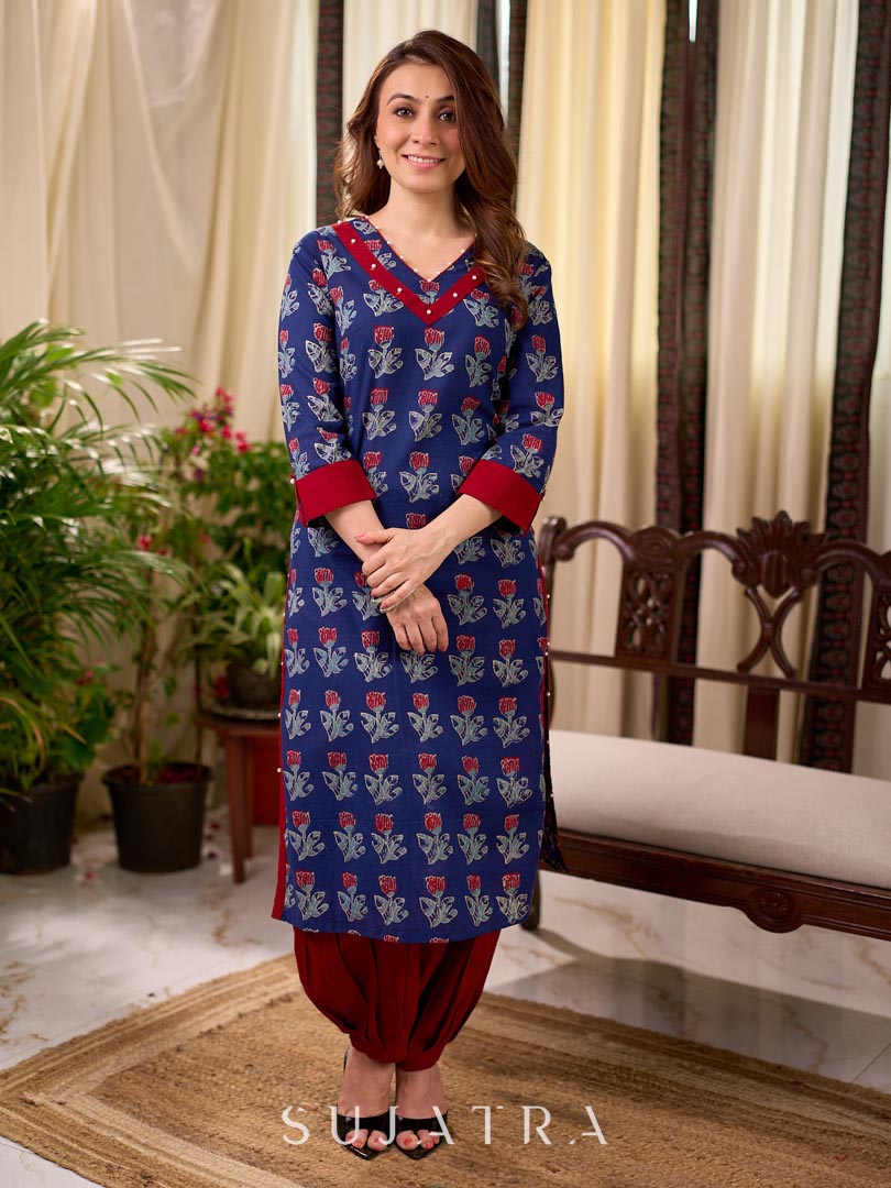 Elegant Navy Blue Tulip Buti Print Cotton Kurta with Pearl Embellished Neckline