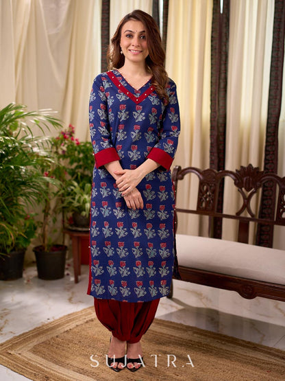Elegant Navy Blue Tulip Buti Print Cotton Kurta with Pearl Embellished Neckline