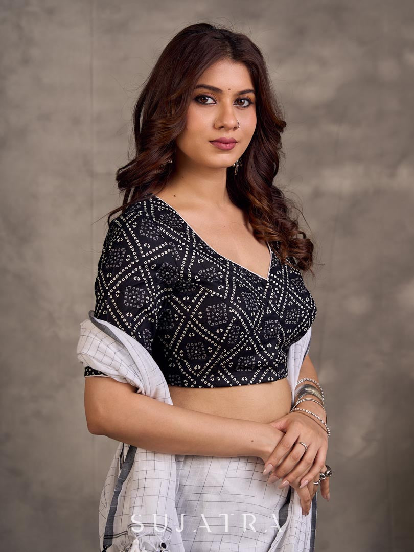 Black Bandhani Print Viscose Blouse with Deep V Neckline
