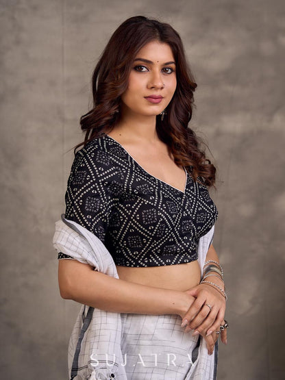 Black Bandhani Print Viscose Blouse with Deep V Neckline