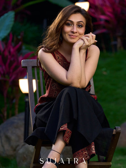 Modern Black Cotton Kurta with Asymmetric Maroon Ajrakh Patch Panel and Strap Details
