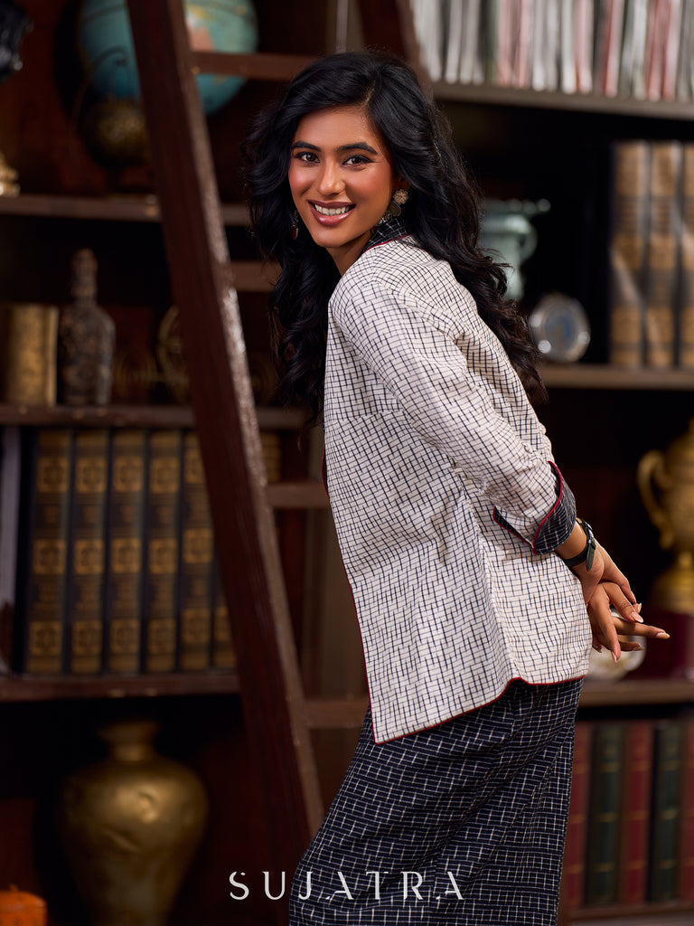Timeless White Woven Ikat Cotton Jacket With Black Ikat Collar, Cuffs, And Maroon Highlights