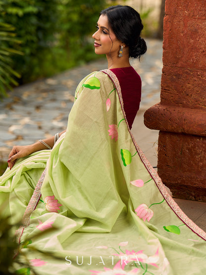 Classic Pista Green Chanderi Saree with Hand-Painted Pichwai Motifs & Contrast Magenta Accent