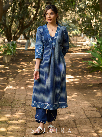 Dussehra Sale — Indigo Stripe Handblock Cotton Kurta with Geometric Patchwork, V Neckline & Joint Lace Detailing