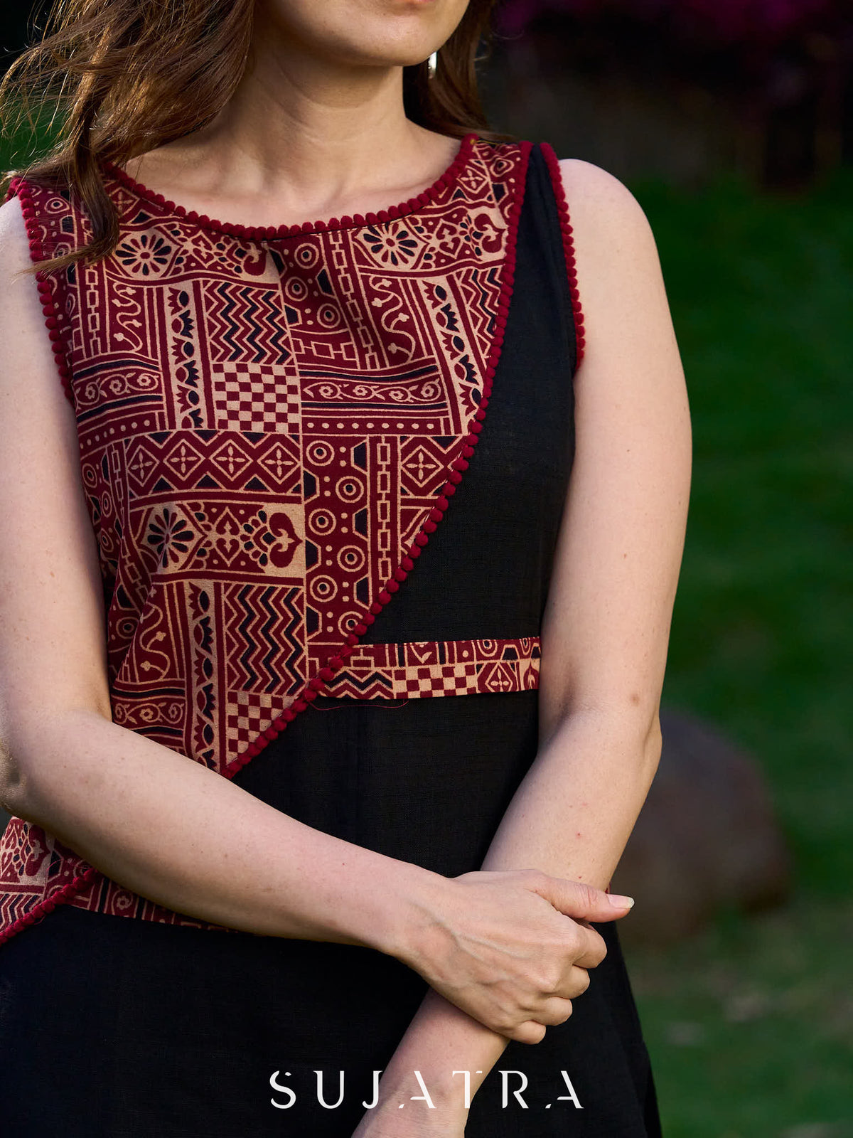 Modern Black Cotton Kurta with Asymmetric Maroon Ajrakh Patch Panel and Strap Details - Pant Optional