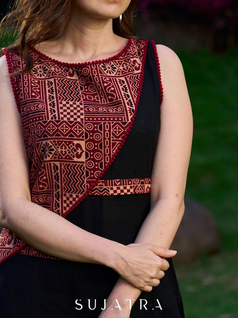 Modern Black Cotton Kurta with Asymmetric Maroon Ajrakh Patch Panel and Strap Details