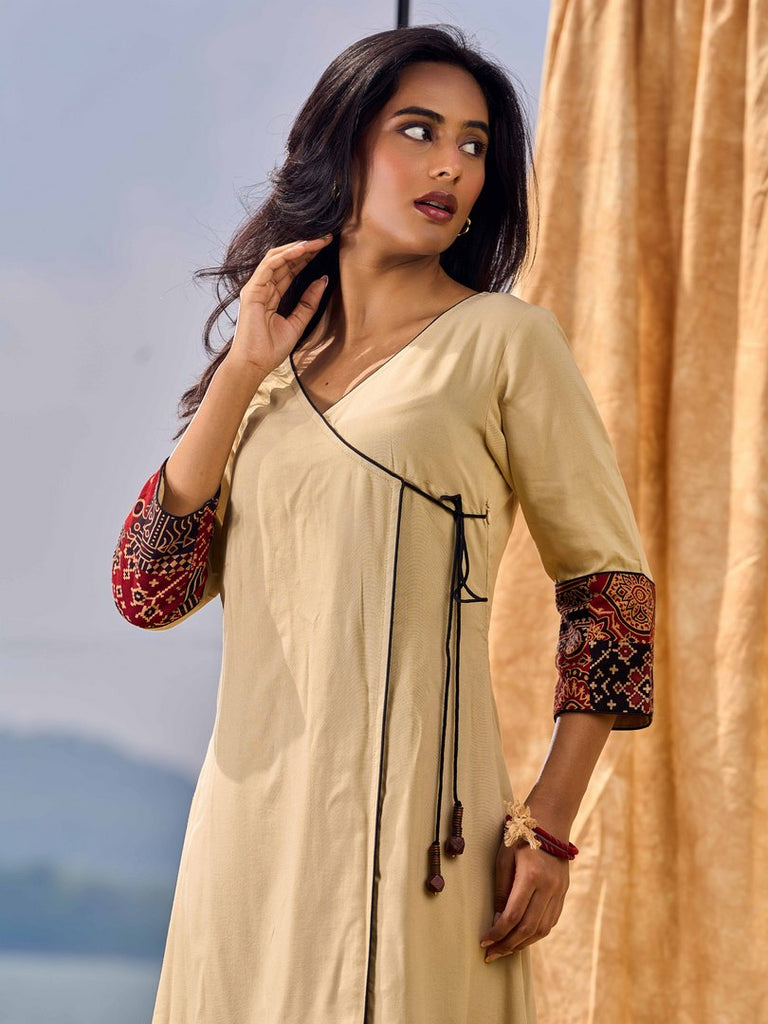 Sand Beige Tie-Up Wrap Rayon Dress With Ajrakh Patchwork Accents