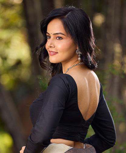Classic Black Cotton Silk Full Sleeves Blouse with Sweetheart Neckline