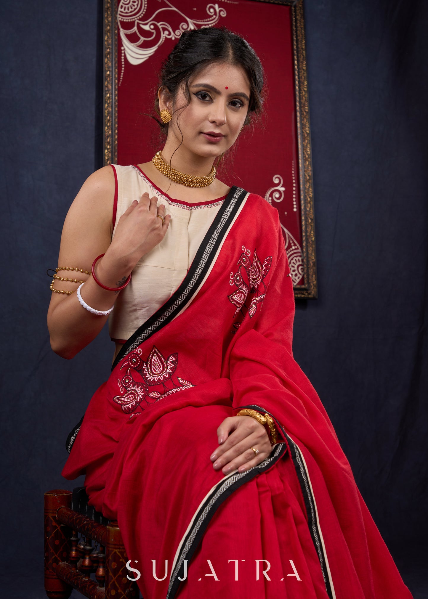 Red Bengal Cotton Saree with Intricate Hand-painted saree with stone embellishments