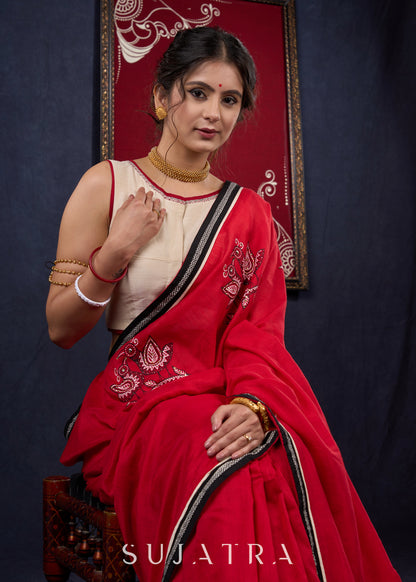 Red Bengal Cotton Saree with Intricate Hand-painted saree with stone embellishments
