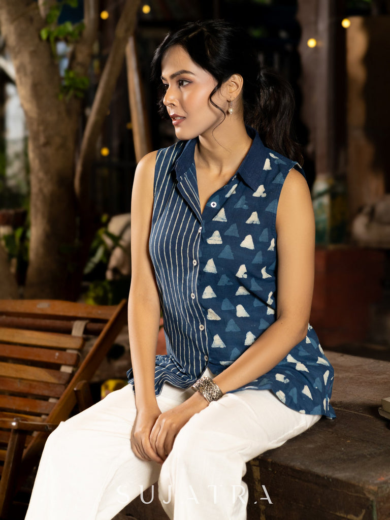 Indigo Sleeveless Shirt with Geometric Patterns