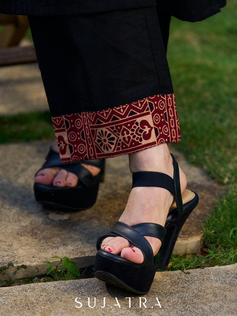 Modern Black Cotton Kurta with Asymmetric Maroon Ajrakh Patch Panel and Strap Details