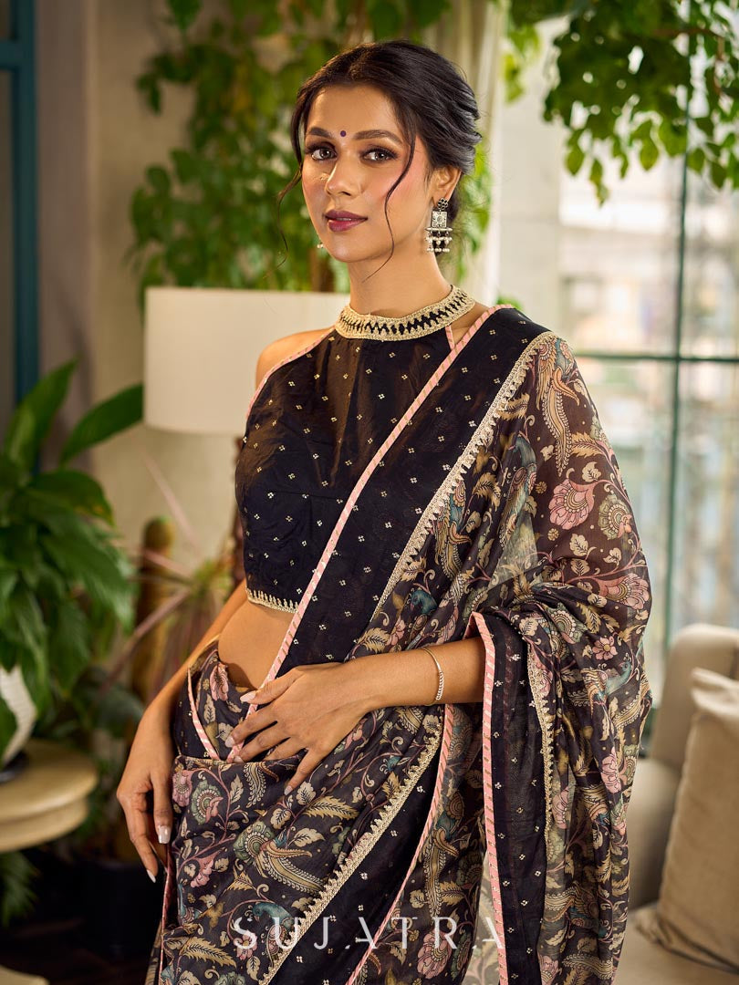 Mystic Black Kalamkari Print Chanderi Saree with Dotted Border & Pink Hem