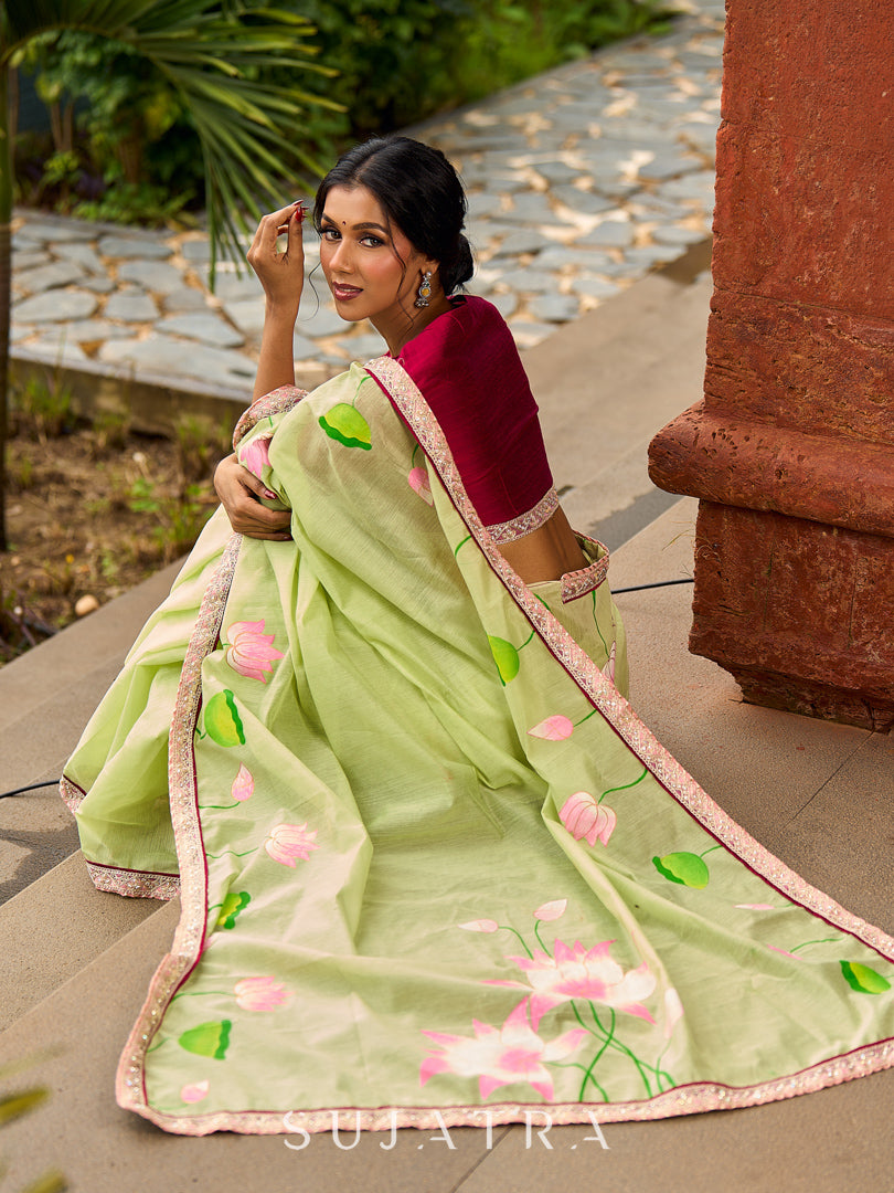 Classic Pista Green Chanderi Saree with Hand-Painted Pichwai Motifs & Contrast Magenta Accent