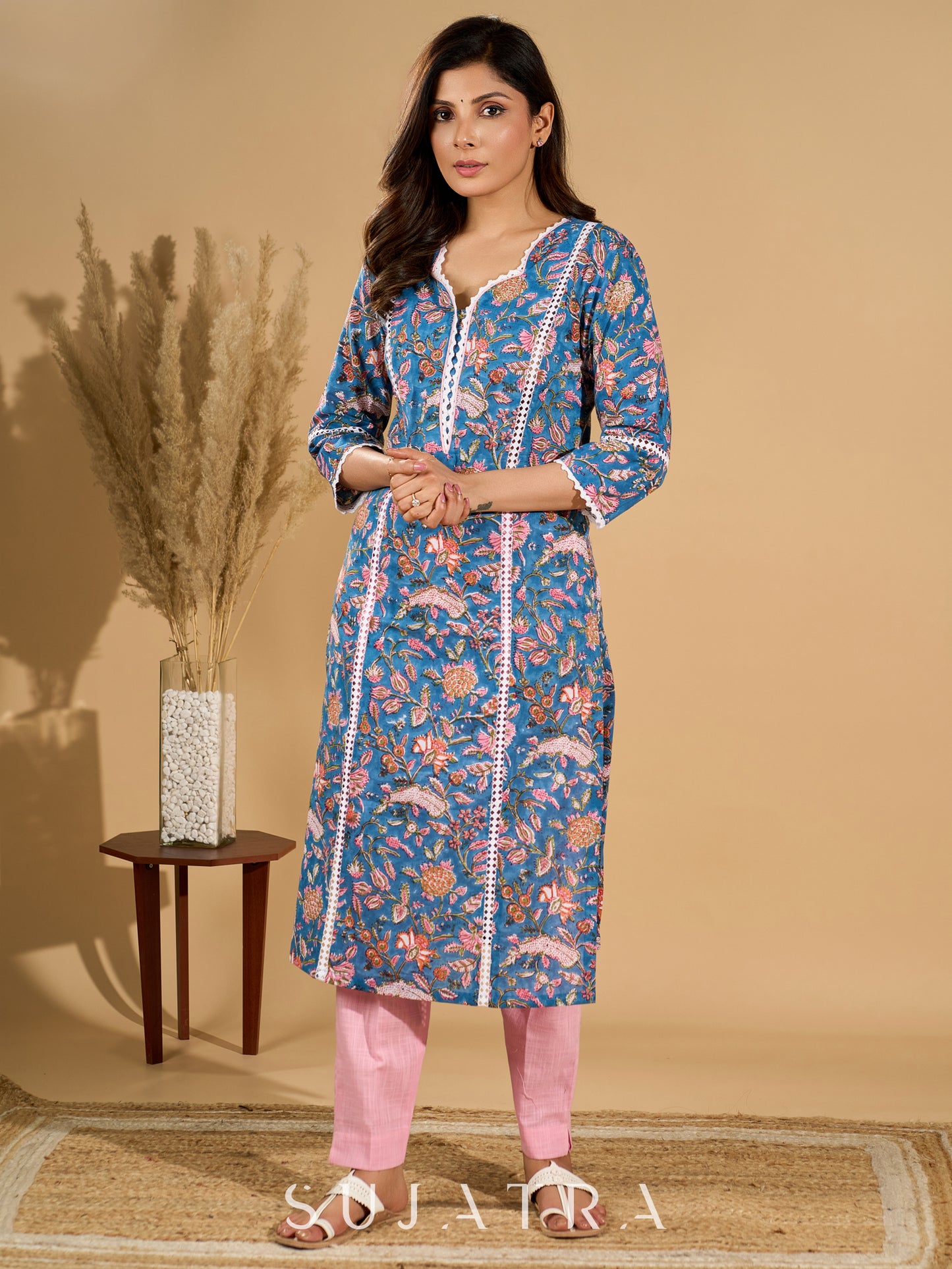 Blue Blossom Mul Cotton Printed Kurta with Delicate Lace Accents