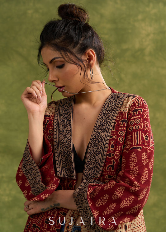 Bohemian Masterpiece : Maroon Ajrakh Patchwork Jacket With Dramatic Bell Sleeves