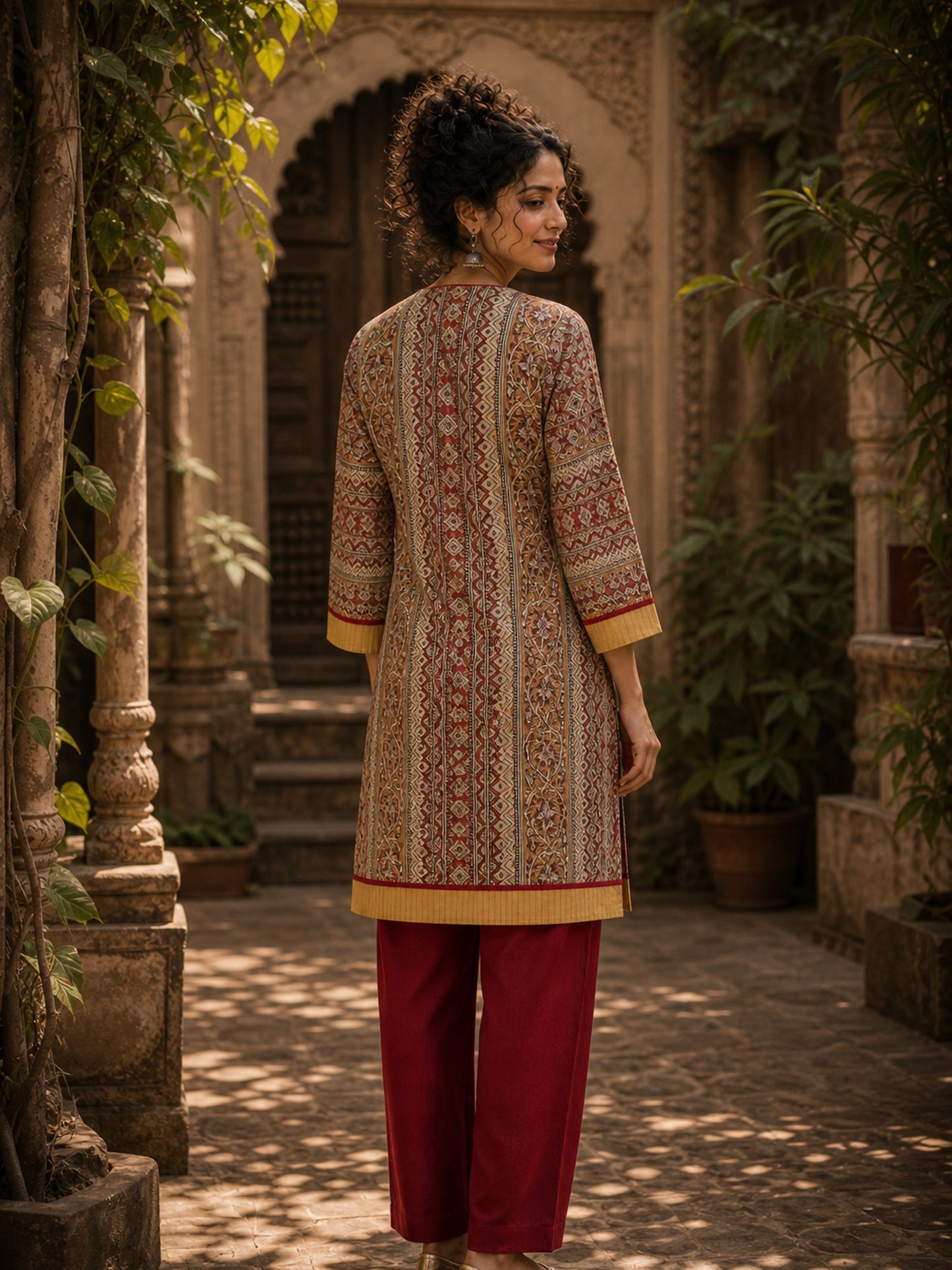 Mustard Geometric Print Short Kurta with Pin-Tucked Yoke & Contrast Maroon Button Detail