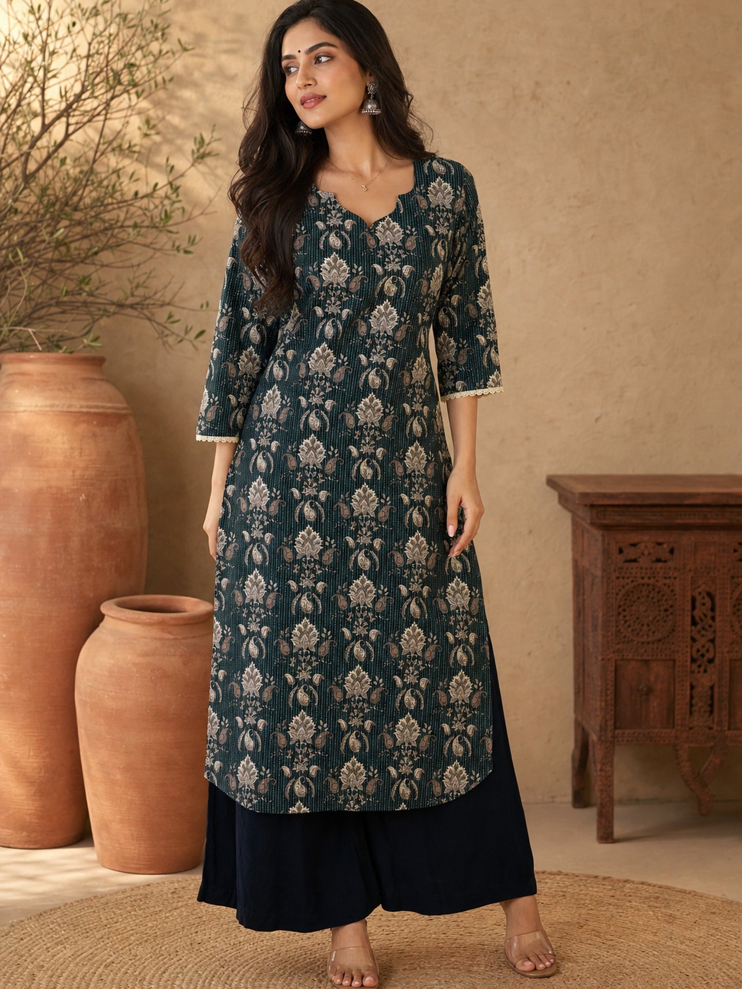 Bottle Green Kantha Printed Cotton Kurta with Asymmetric Neckline & Detailed Sleeves