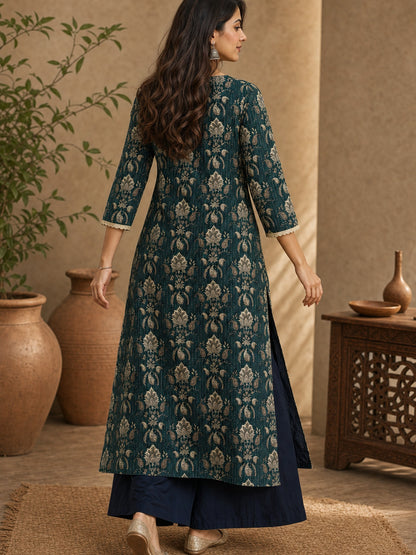 Bottle Green Kantha Printed Cotton Kurta with Asymmetric Neckline & Detailed Sleeves