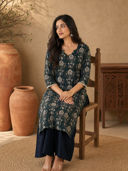 Bottle Green Kantha Printed Cotton Kurta with Asymmetric Neckline & Detailed Sleeves